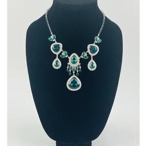 Signed Silver Tone Green Emerald Bali Necklace Bib Leaves Dangle Moroccan SAQ AO